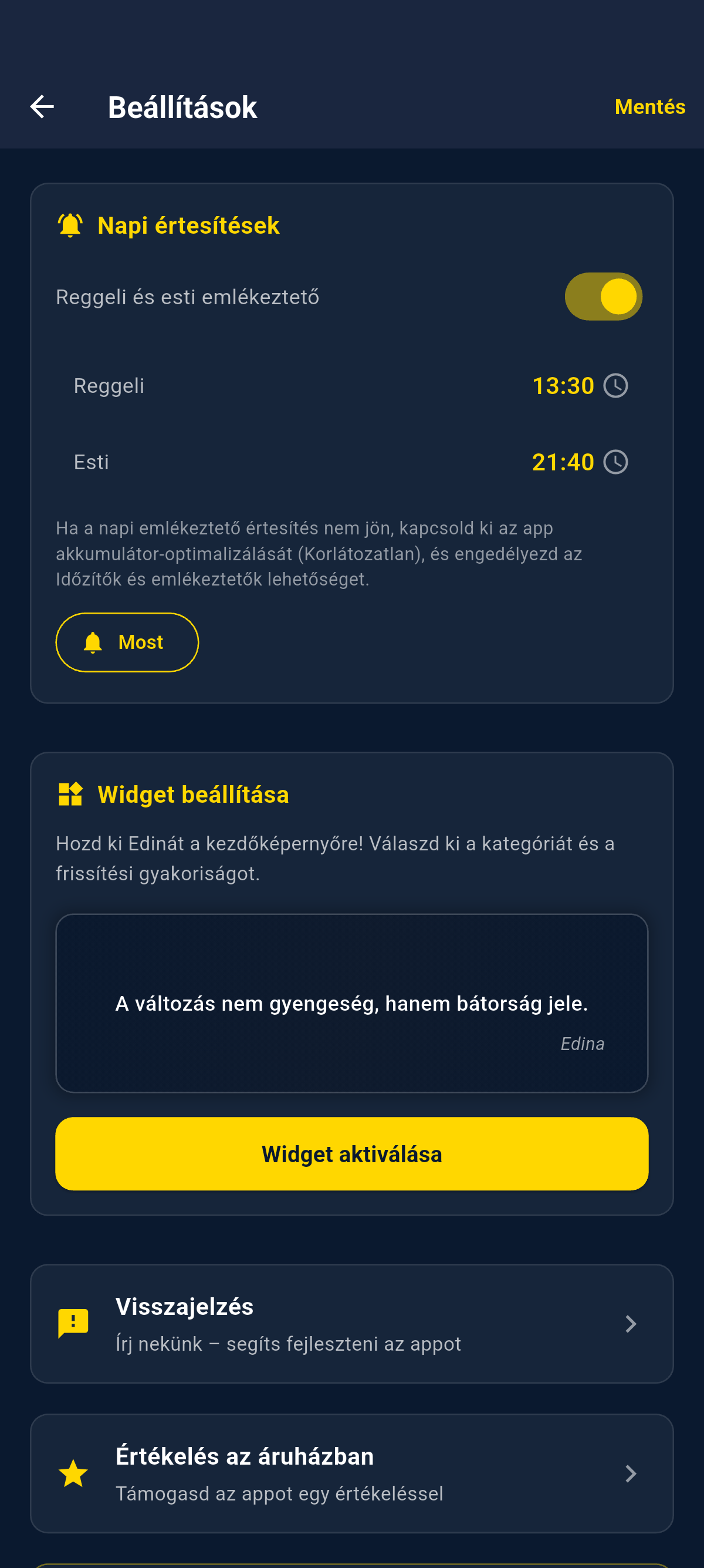 Pozitív Percek - Widget és Értesítések